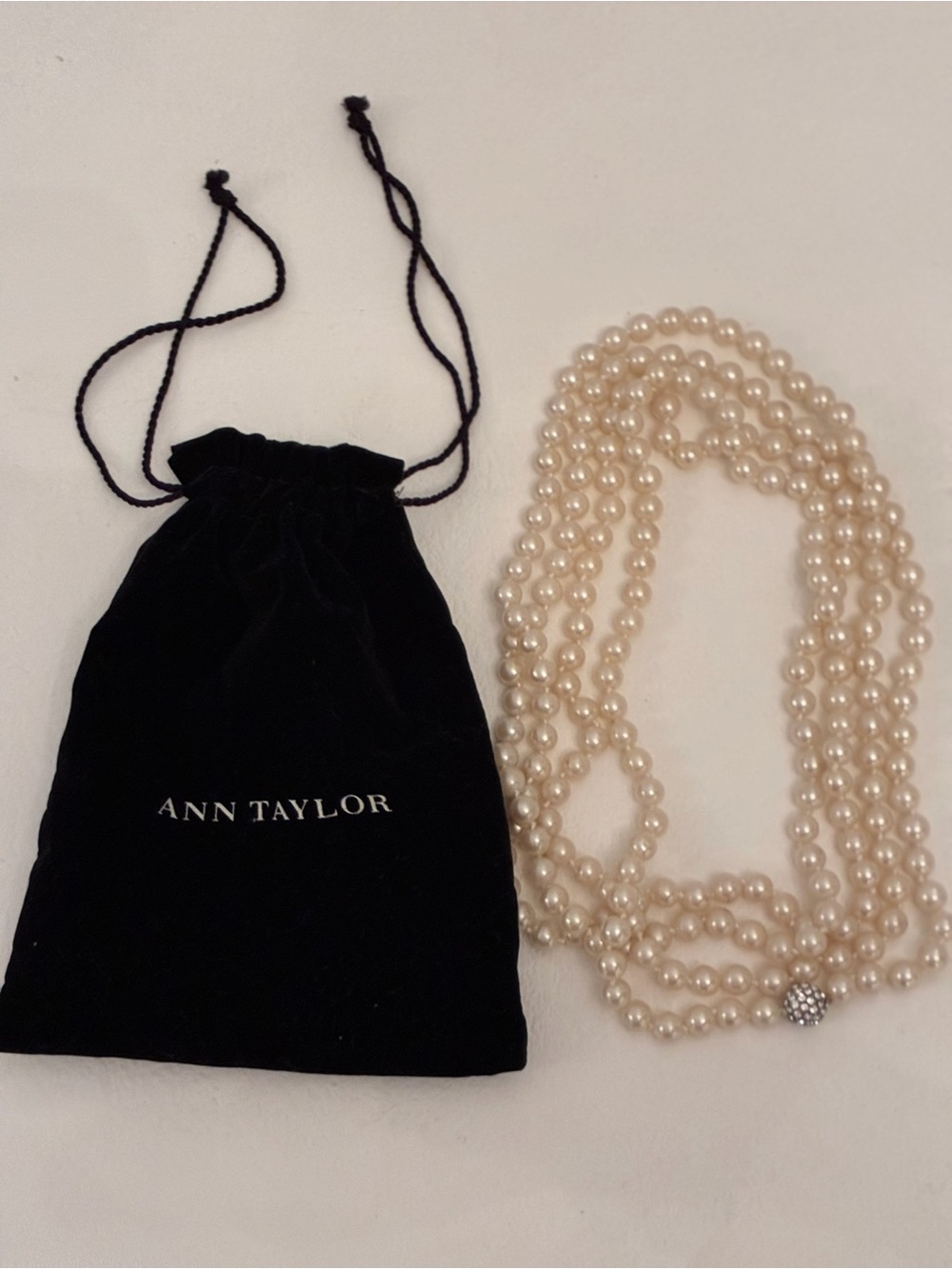 Ann Taylor Ivory Pearl Necklace with Rhinestone design 70 inch